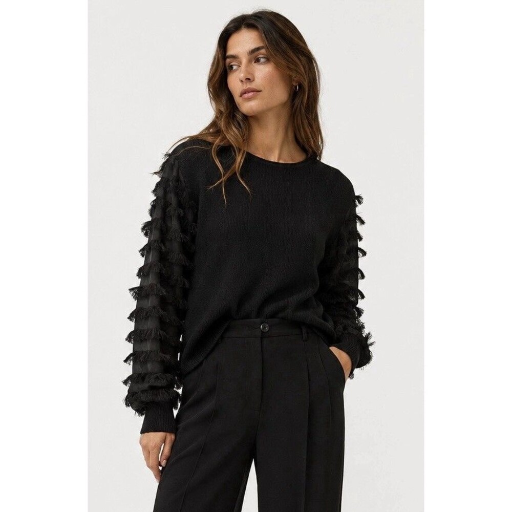 Sioni Milano Black Fringe Sleeve Knit Sweater Women’s Large Statement Top
